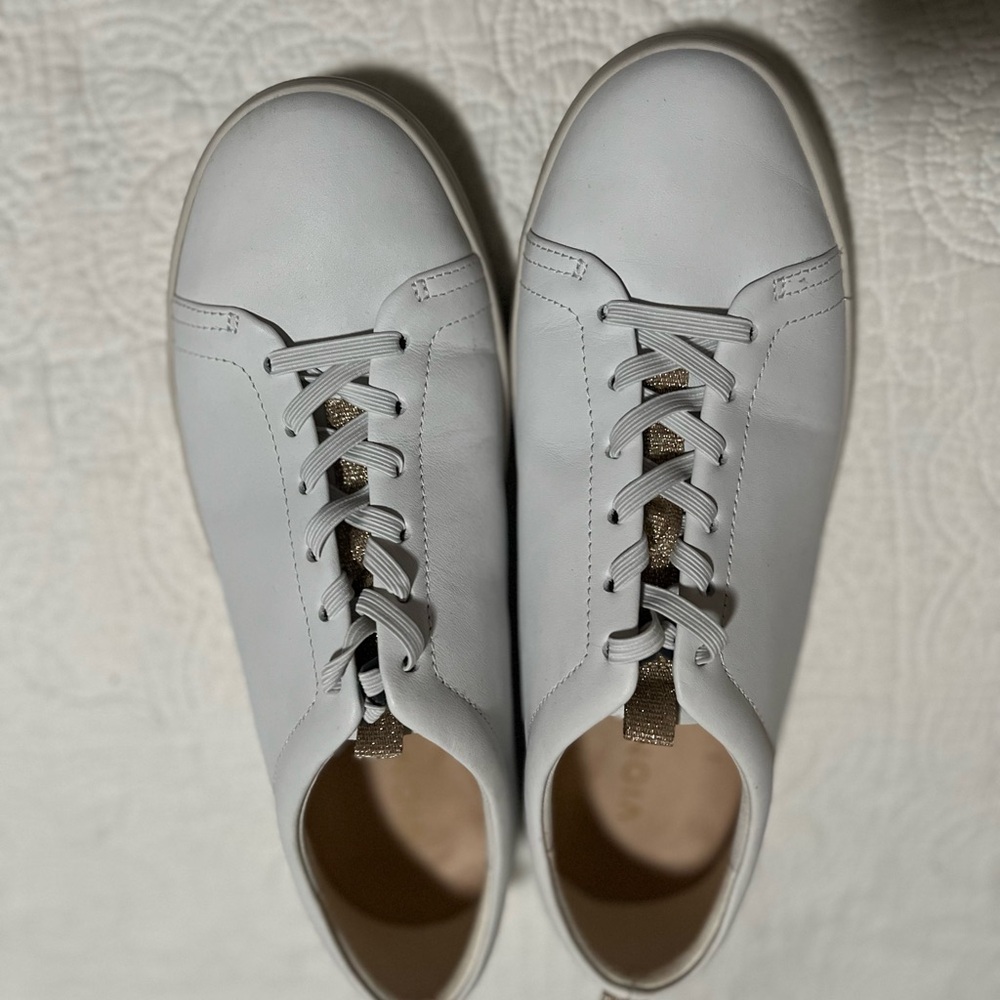 White Leather Sneakers with Gold Accents